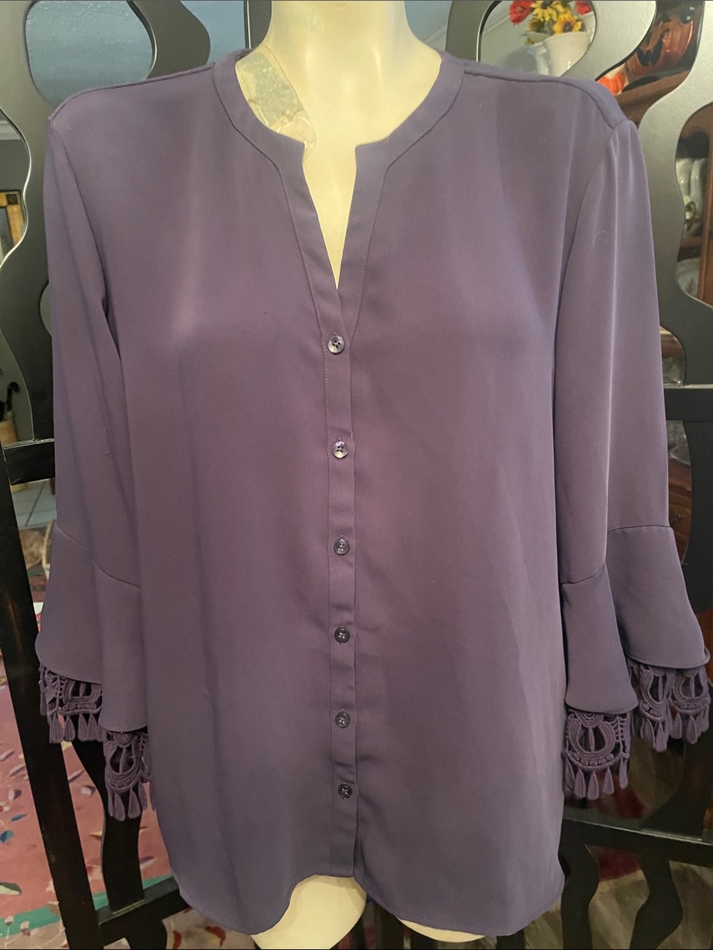 Chico's Purple Button-Front Blouse with Lace-Trim Sleeves